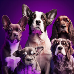 Dogs of different breeds on a purple background. Generative AI.