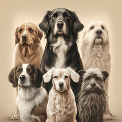 Dogs of different breeds on a beige background. Generative AI.