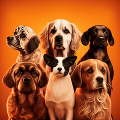 Dogs of different breeds on an orange background. Generative AI.