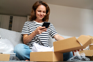 One-click ordering and same-day delivery concept, woman sharing her experience of consumer in...