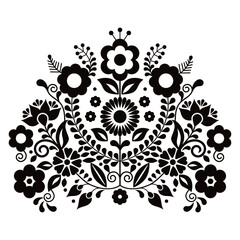 Mexican traditional embroidery style vector floral bouquet design, oattern inspired by folk art from Mexico in black and white - 594908766