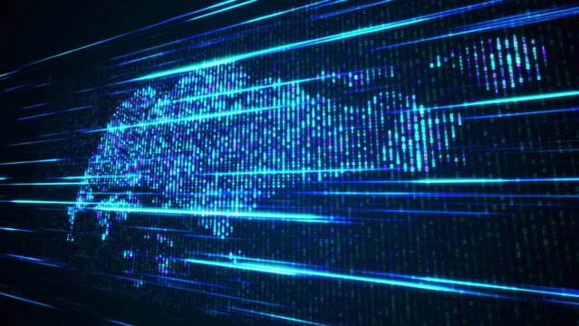 Abstract Futuristic Blue Shinny Binary Digital Number Mosaic Grid Map Of Singapore Perspective Motion View With Horizontal Light Streaks, Seamless Loop