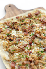 Flammkuchen tarte flambee rectangular pizza  with bacon and chicken