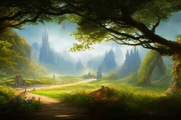 Fantasy landscape with ancient temple in foggy forest. Digital painting. AI generated