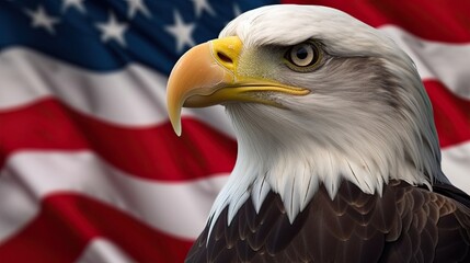 Bald Eagle with USA Flag in the background. Generative AI