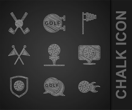 Set Golf ball on tee, label, with shield, flag, and Crossed golf club icon. Vector