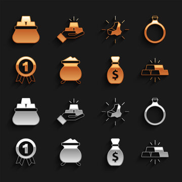 Set Molten gold being poured, Gold ring, bars, Old money bag, Medal, nugget, Bag of and icon. Vector