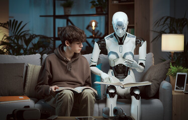 AI robot tutor reading with a teenage boy