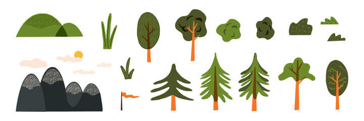 National park, nature landscape creator. Cute nature elements set. Vector plants, trees, mountains, sun, and clouds.