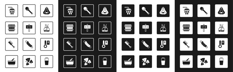 Set Sauna hat, bucket, Shower, Aroma diffuser, ladle, thermometer and brush icon. Vector