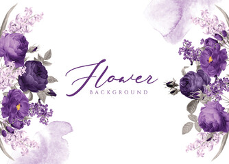 Background wedding invitation template set with romantic purple floral and leaves decoration