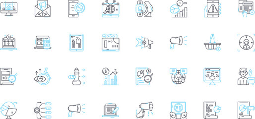 Online media linear icons set. Digital, Web, Streaming, Viral, Social, Interactive, Multimedia line vector and concept signs. Content,Nerk,Cyber outline illustrations - obrazy, fototapety, plakaty