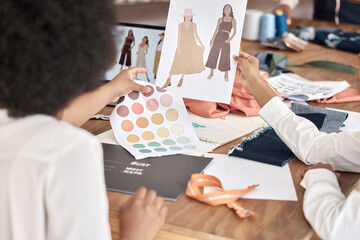 Fashion, designer sketch and team collaboration on project, illustration or paper at a desk in office. Creative women, hands and teamwork on planning, discussion and drawing a design for clothes idea
