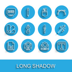 Set line ID File document, Computer monitor and gear, Speech bubble with RGB CMYK, Laptop, Text, Fountain pen nib, Magic wand and Pipette icon. Vector