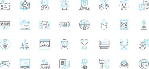 Webcasting linear icons set. Broadcast, Live-streaming, Online, Video, Multimedia, Webinar, Virtual line vector and concept signs. Conferencing,Remote,Telecast outline illustrations