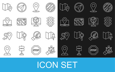 Set line Compass, Folded map with push pin, Traffic light, Location, Infographic of city navigation, Laptop location marker, and Monitor icon. Vector