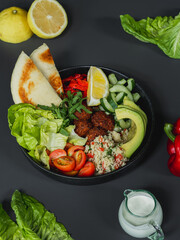 A bowl of food with a plate of food on it
