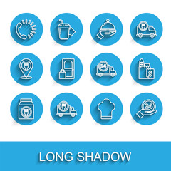 Set line Online ordering and delivery, Fast by car, Food, Chef hat, Clock 24 hours, and icon. Vector