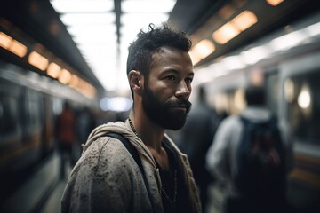 Fototapeta premium A Man With A Beard Standing In A Subway Station With A Train In The Background Subway Station Portrait Photography Portrait Photography Generative AI