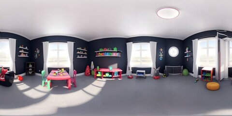 Full 360 degrees seamless spherical panorama HDRI equirectangular projection of children's playroom. Texture environment map for lighting and reflection source rendering 3d scenes.