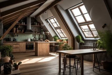 Fototapeta na wymiar Bright and cozy kitchen in the loft style on attic with wooden c. Generative AI