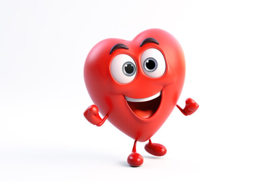 3d character cute cartoon heart is standing and smiling with his arms hanging sideways, Generative AI