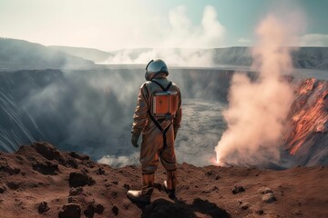 A Man In A Space Suit Standing On A Mountain Top With A Backpack Volcano Travel Photography Exploration Generative AI