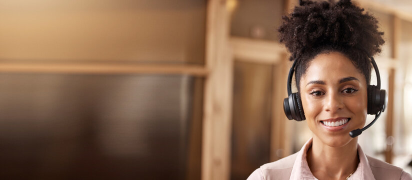 Call center woman, smile or portrait of contact us with CRM, headset or mic on mock up space. Customer service consultant, happy female or biracial telemarketing sales with help desk agent and banner - Powered by Adobe