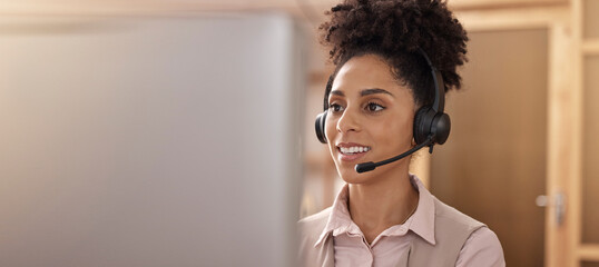Call center, woman and computer in office for sales and customer service mockup. Female agent or consultant in telemarketing, support or crm with headphones and pc banner for help desk communication