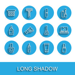 Set line Nail polish bottle, Cream or lotion cosmetic tube, Makeup powder with mirror, Lipstick, and icon. Vector