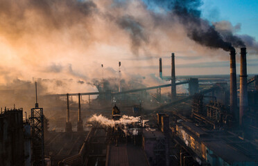 industry metallurgical plant dawn smoke smog emissions bad ecology aerial photography