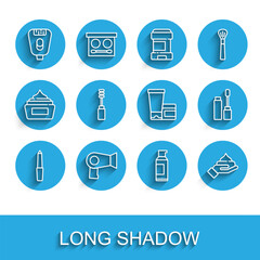 Set line Nail file, Hair dryer, Epilator, Spray can for hairspray, Cream lotion cosmetic tube, Mascara brush, and icon. Vector