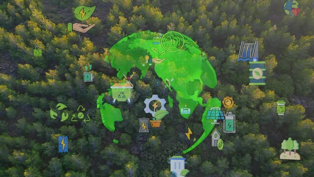 Green forest aerial view and environmental technology concept. Green tech. Ecology. Green transformation. GX. SDGs. High quality 4k footage