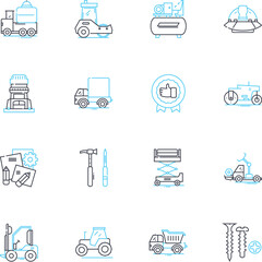 Manufacturing tools linear icons set. Automation, Cutting, Drilling, Forming, Grinding, Inspection, Lathe line vector and concept signs. Machinery,Milling,Planning outline illustrations