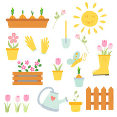 Spring set, cartoon hand drawn elements. Spring flowers, watering can, tulips, flowers in pots and seedlings in pots. © Maryna