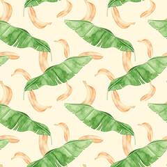 Watercolor tropical seamless pattern with banana and palm trees. Background with plants and fruits. Use for covers, textiles, wallpaper, paper.