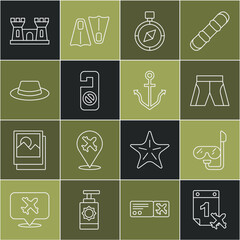 Set line Calendar and airplane, Diving mask snorkel, Short pants, Compass, Please do not disturb, Man hat with ribbon, Sand castle and Anchor icon. Vector