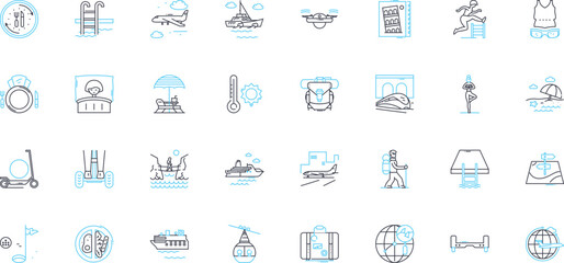 Escapade linear icons set. Adventure, Thrill, Excitement, Action-packed, Fun, Unforgettable, Exploration line vector and concept signs. Escape,Rush,Adrenaline outline illustrations