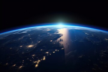 Sunrise view of the planet Earth from space with the sun setting over the horizon. Generative AI