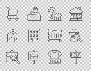 Set line Work search, Ask for help text, House with question mark, Shopping cart, Multi storey building, Clothes donation and Searching food icon. Vector
