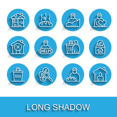 Set line Trash can, Search for money, Homeless cardboard house, Feeding the homeless, Shelter, Help, Donation and charity and icon. Vector