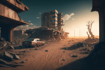 Post-apocalypse: The End of the World. Rusty car and terribly ruined landscape | Generative AI Production