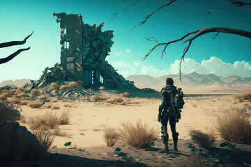Post-apocalypse: The End of the World. The terribly ruined landscape with survivor | Generative AI Production