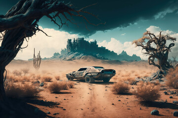 Post-apocalypse: The End of the World. Rusty car and terribly ruined landscape | Generative AI Production