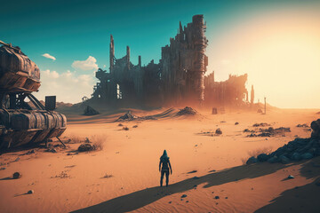 Post-apocalypse: The End of the World. The terribly ruined landscape with survivor | Generative AI Production