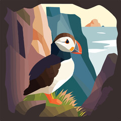 Puffin in arctic cliffs. Arctic birds in natural habitat. Flat vector illustration concept. Generative AI