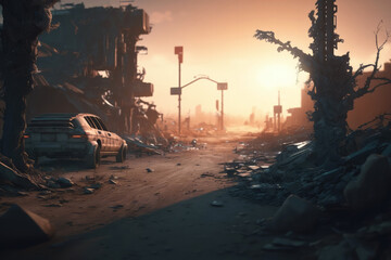 Post-apocalypse: The End of the World. Rusty car and terribly ruined landscape | Generative AI Production