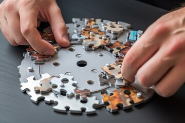 A Person Is Assembling A Puzzle Piece Together With A Circular Hole Workshop Assemblage Employee Training And Development Generative AI