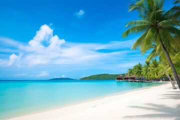 Naklejka na ściany i meble Beautiful tropical beach and sea with coconut palm tree - Holiday Vacation concept