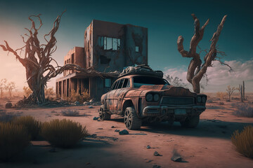 Post-apocalypse: The End of the World. Rusty car and terribly ruined landscape | Generative AI Production